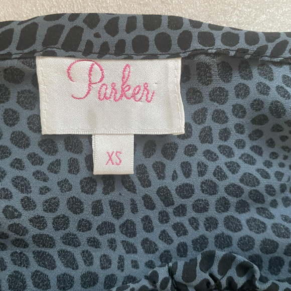 Parker Shirt Women XS Blue Black‎ Silk Peasant Ruffle Sleeve Sheer Animal Print - Picture 5 of 11